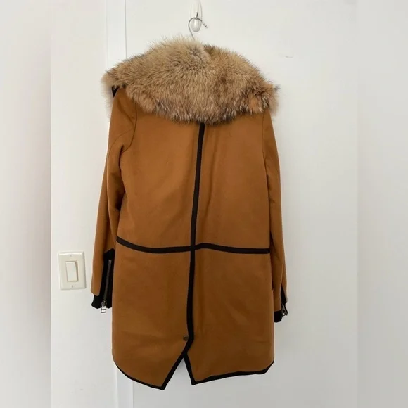 Veronica Beard Granite Wool-Cashmere Zip Parka with Fur Collar Camel
